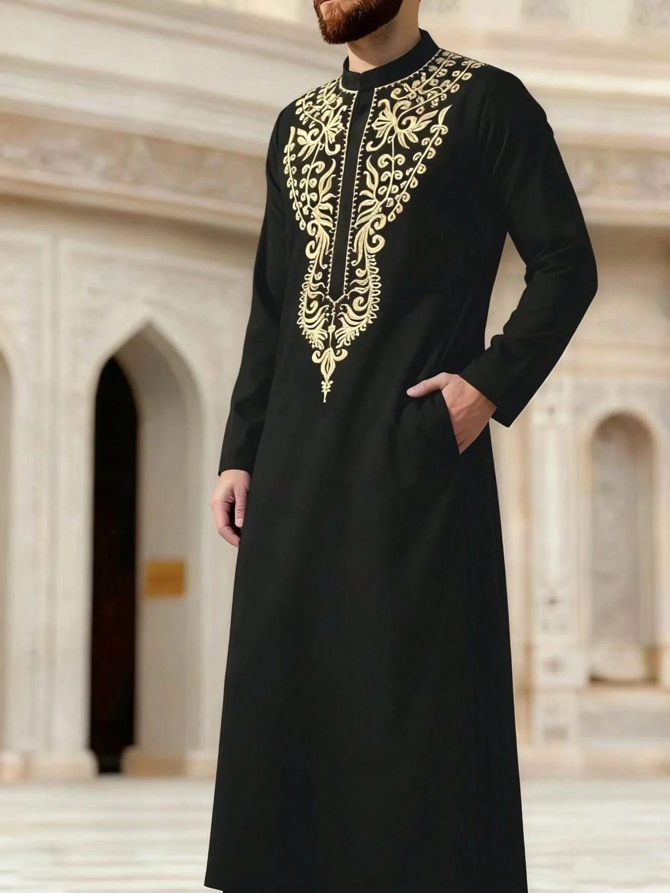 رداء عربي مطرز بأكمام طويلة على الطراز العرقي الإسلامي الجديد لعام 2025 بأكمام طويلة وياقة واقفة ثوب إسلامي للرجال في الشرق الأوسط