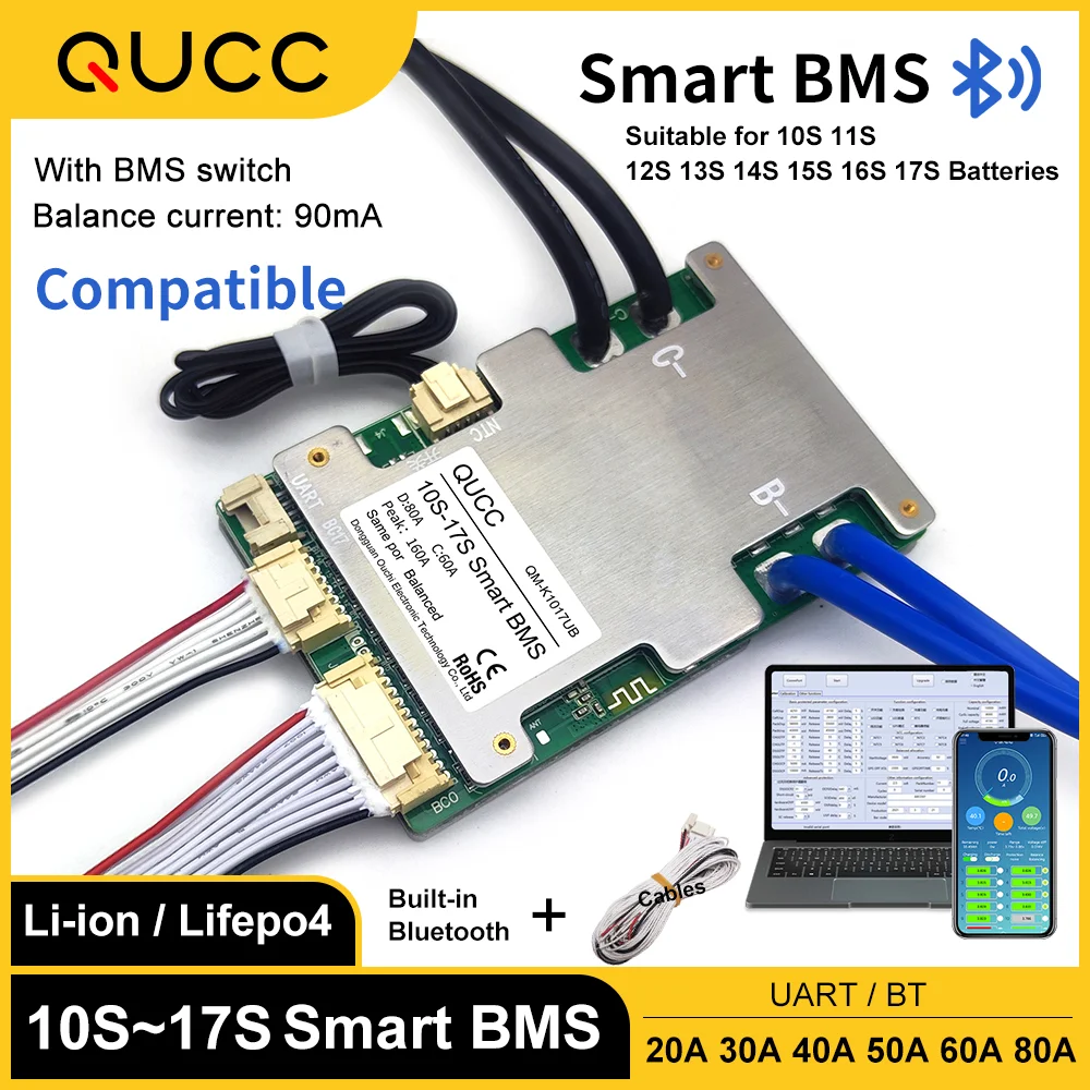 Qucc 20A 30A 40A 50A 60A 80A 10S 12S 13S 14S 15S 16S 17S Smart BMS Lifepo4 Lithium Battery Ebike Balance Board 36V 48V 52V 60V