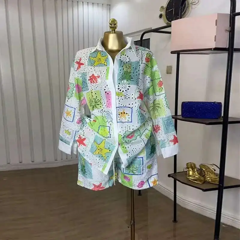 

Women's Clothing 2025 Summer New Fashion Printed Hollow Out Turn-down Collar Long Sleeve Shirt Shorts Casual Set