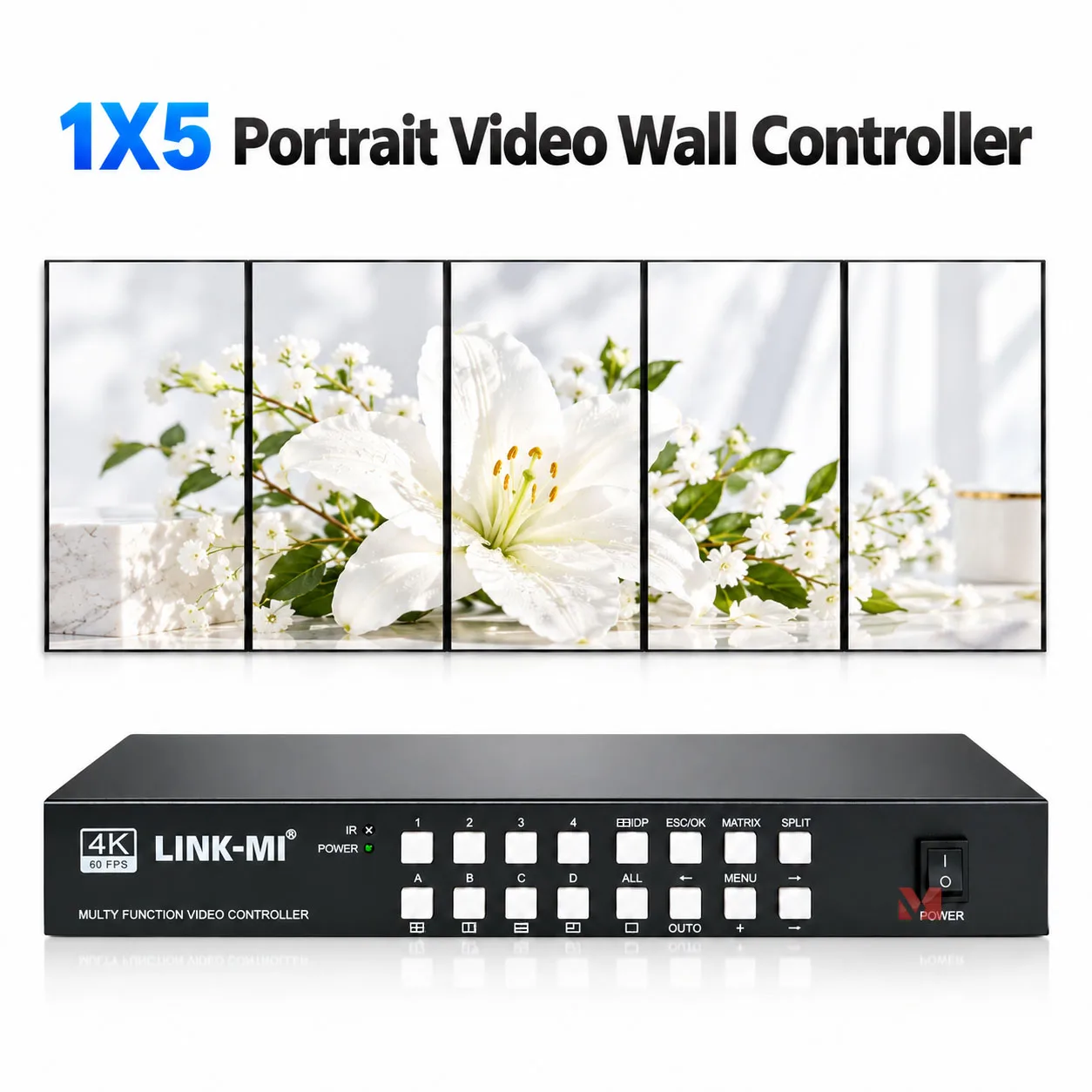 4K60 Portrait Video Wall Controller 5 Screen 1X5 HDMI DP Processor Multiview and Matrix with Rotation Function