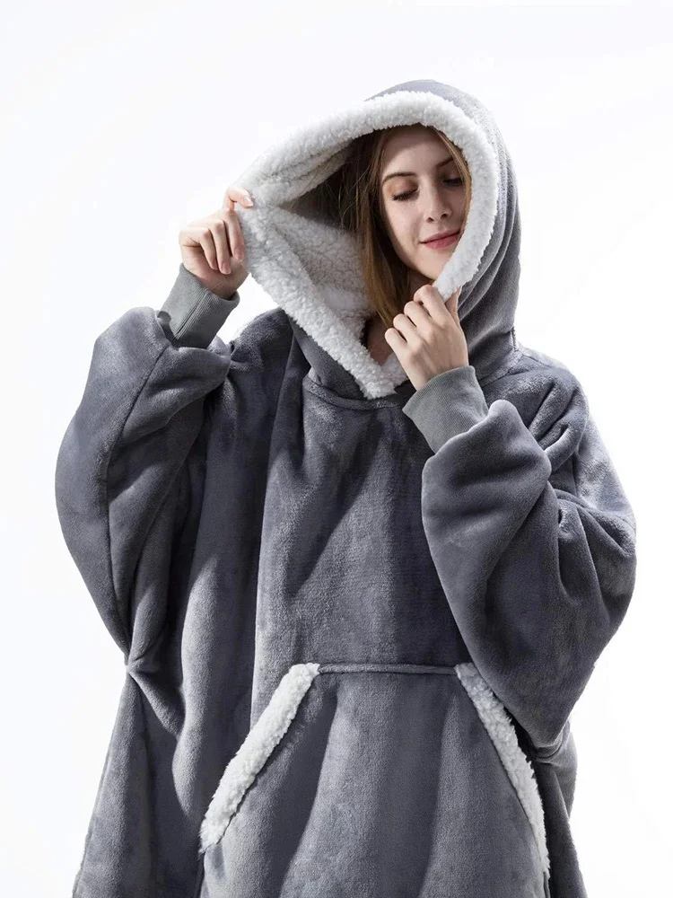 Blanket with Sleeve Winter Women Hoodies Pocket TV Hooded Blanket Sweatshirt Fleece Plush Warm Coral Fleece Oversized Sweatshirt