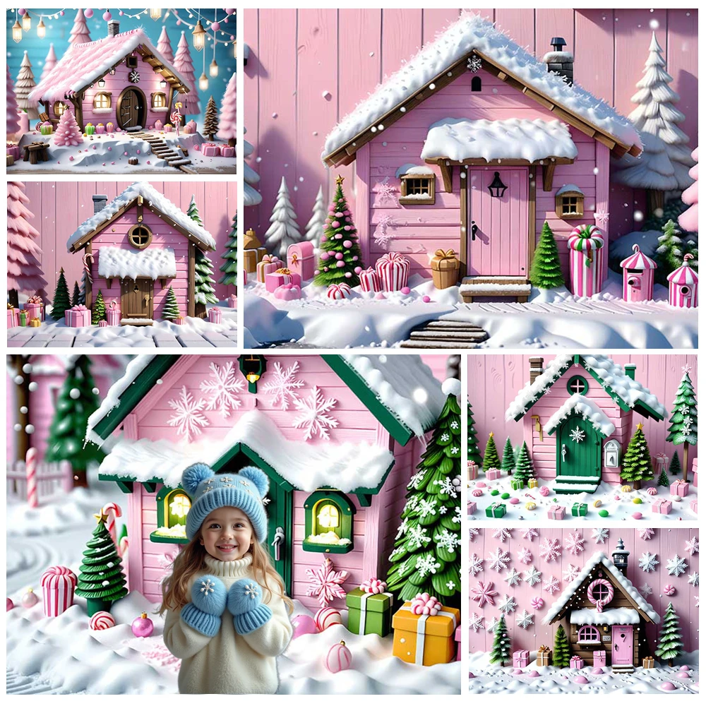 

MOON.QG Pink Christmas Cabin Background Photography Xmas Trees Snowflake Snow Roof Backdrop Portrait Photo Studio Wallpaper