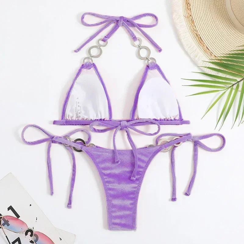 Sexy Micro Halter Purple Velvet Bikinis Set Mujer String Thong Swimsuit Women Swimwear Bathing Swimming Suit Bikini Biquinis