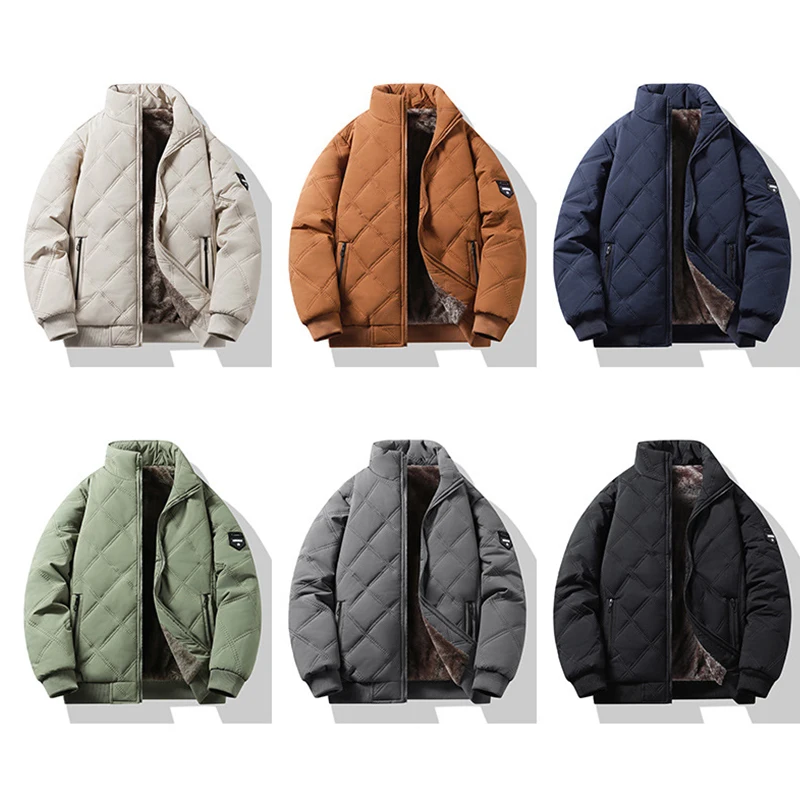 Jaket Kasual Pria Katun Musim Gugur Musim Dingin Desain Manset Tebal Jaket Berkerah Tegak Tahan Angin Jaket Katun Berlapis Berlian Termal