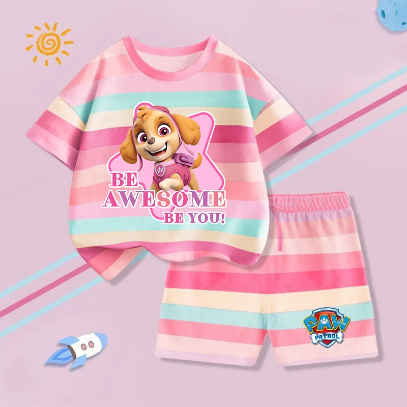 

2pcs PAW Patrol Striped T-shirt+shorts Cartoon Anime Figures Short Sleeve Set Chase Skye Trendy Casual Tee Children Clothing Top