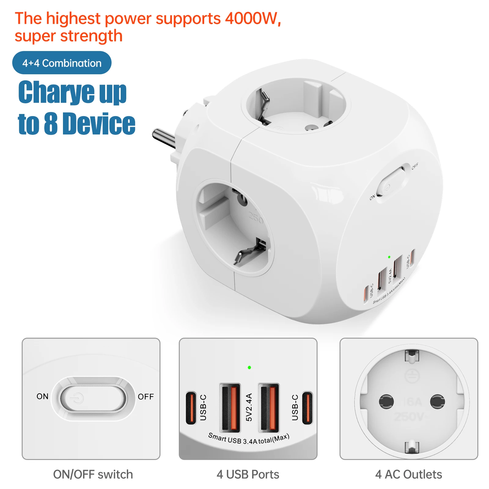 【 8-in-1 Fast Charging 】4000W High-Power Power Cube Portable Multi-Functional Socket, 4AC+2USB-C+2USB-A Smart Charging Station