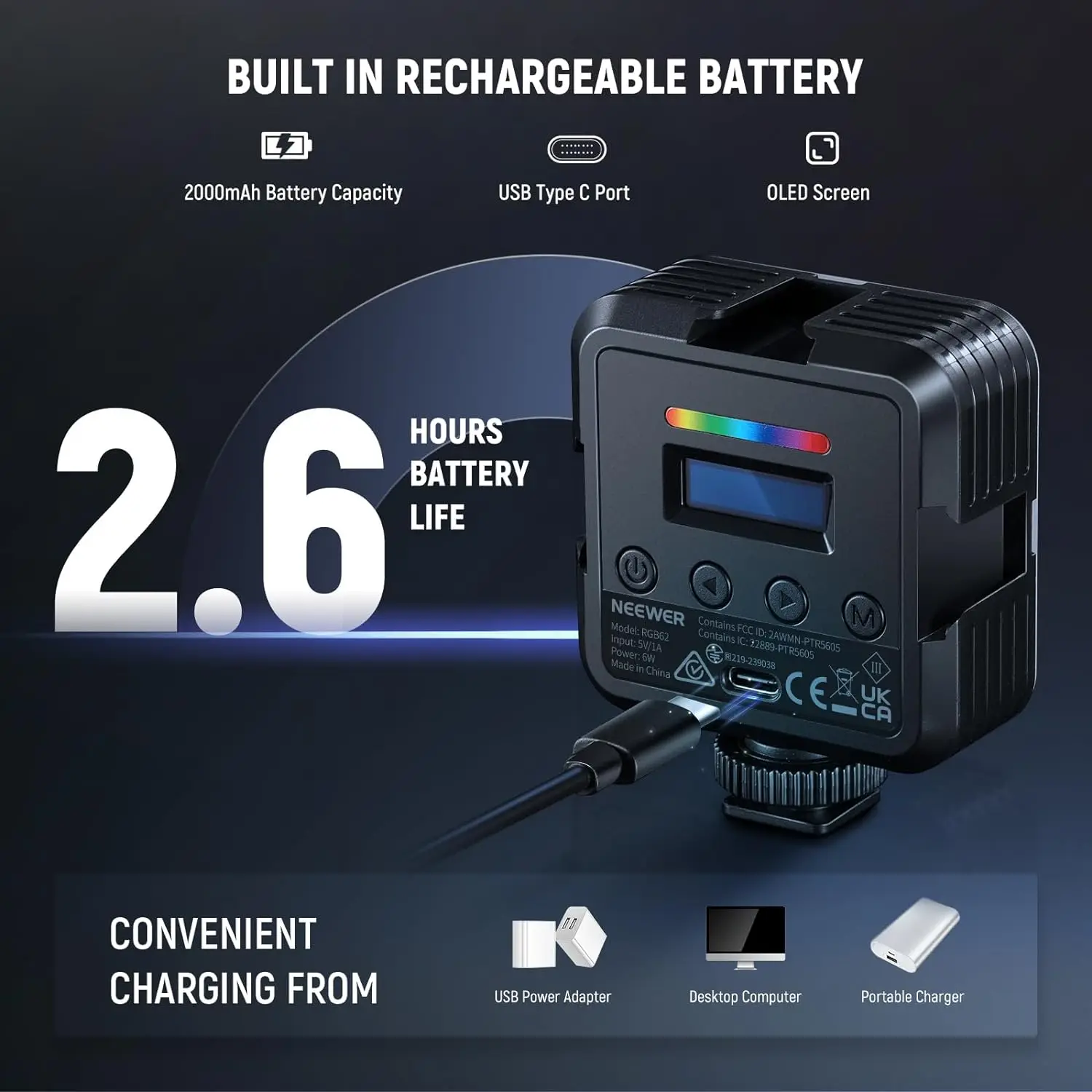 NEEWER CRI97+ 2500K-8500K 17 Scenes 2000mAh LED Camera Light 2 Pack RGB62 Magnetic RGB Video Light with APP Control