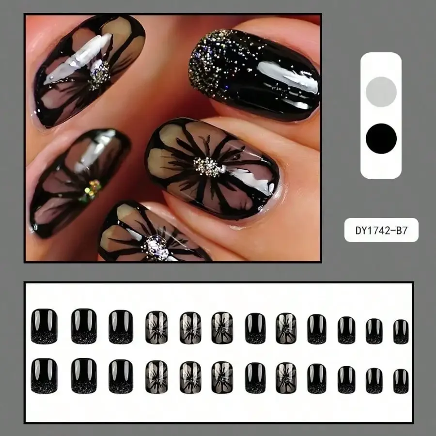 

24Pcs Ice Black Chrysanthemum Press On Nails, European American Cool Style Shiny Flower Fake Nails For Party