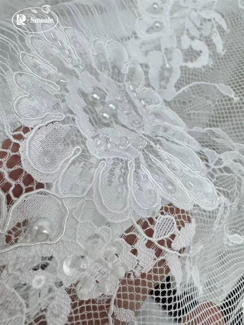 3 Yards Seilbestickter Perlenqualitäts-Weißer Perlenstickerei-Spitzenkopfschleier, Hochzeitskleid, Dekorative Accessoires, Handgemachtes DIY – Detail 4