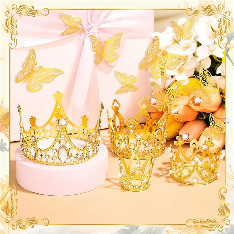 Gold Crowns For Flower Bouquet Accessories, 4 Pcs Cake Crown Topper, 12 Pcs Butterfly Decorations And 50 Pcs Flower Pins-ABHG