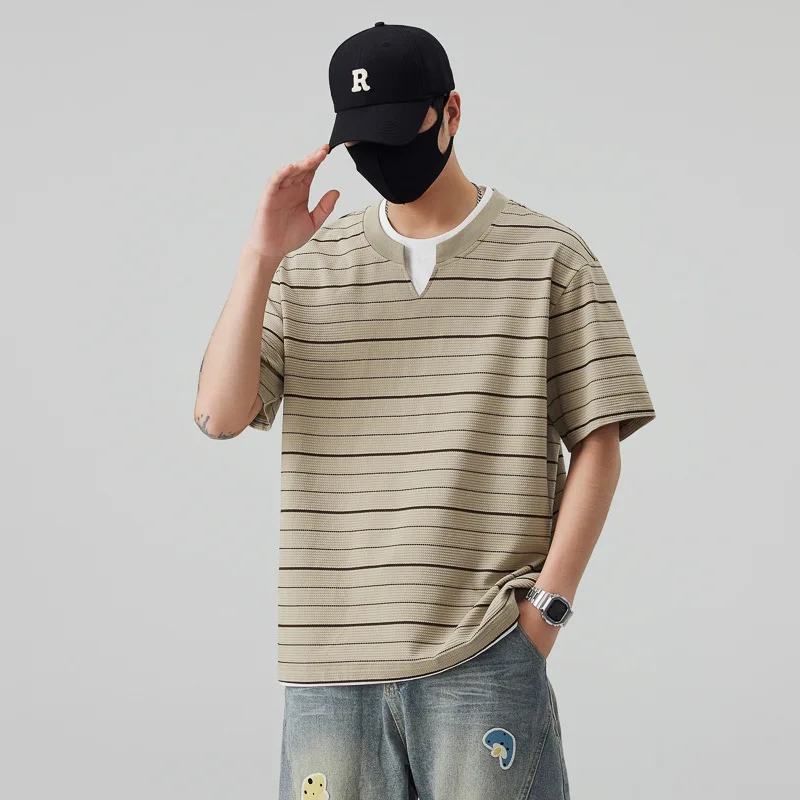 Men's Loose Casual Fake Two Piece Striped T-Shirt Trendy Simple Versatile Slim Fit Daily Commute Retro Streetwear Youth T-Shirt