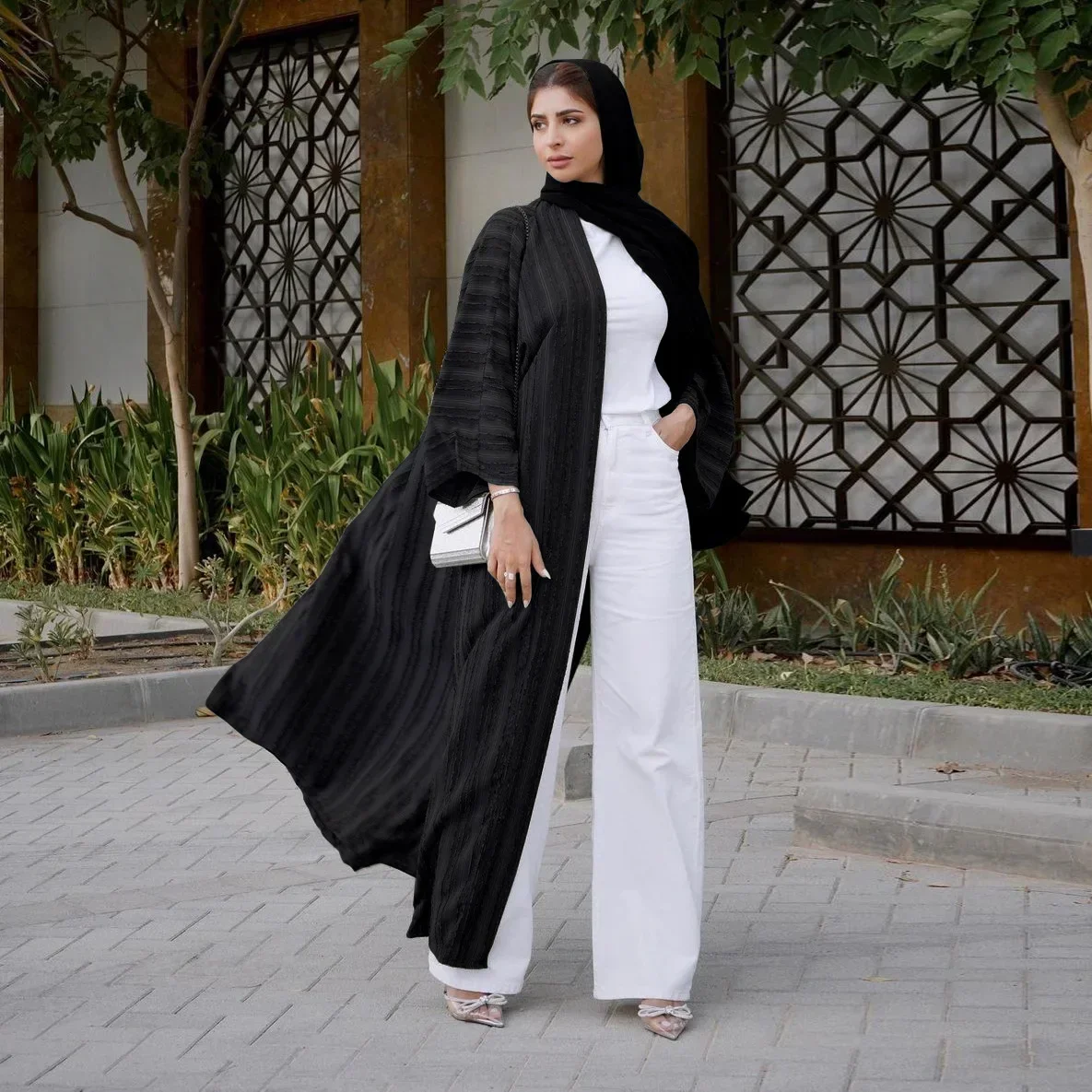 Ribbed Abaya terbuka kardigan mantel Muslim elegan rajut Abaya untuk wanita Dubai mewah Turki pakaian Islami Kimono Femme Musulmane