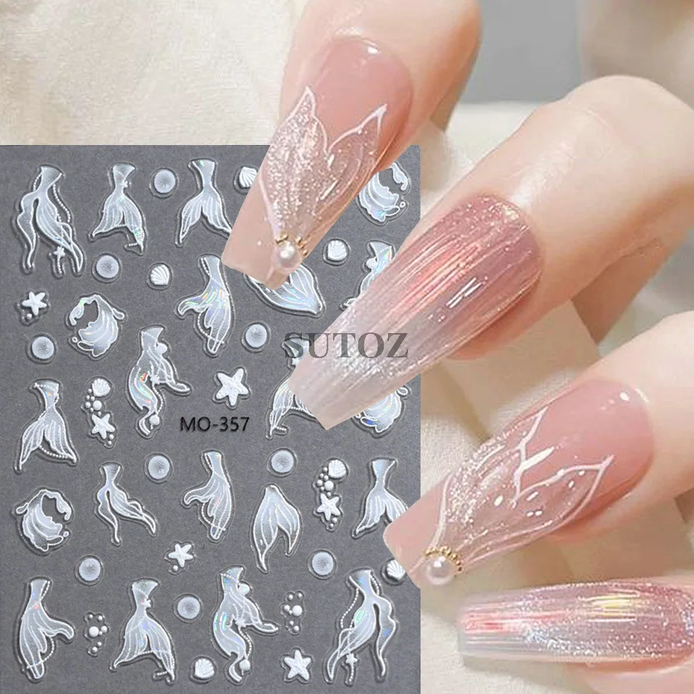 3D Holographic Mermaid Tail Nail Art Stickers Aurora Mermaid Shell Starfish Nail Decals Ocean Design Manicure Foils Decors GLMO