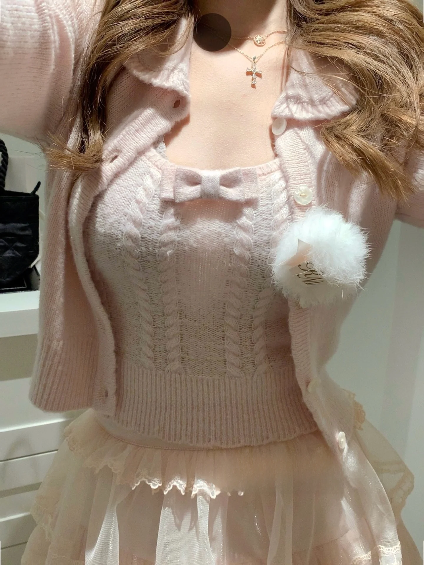 

Kimicoy Little Wild Rose Шелковый шерстяной кардиган Sweet Sle на талии с завязанным галстуком-бабочкой Кукольный воротник Открытый кардиган Длинный вязаный кардиган Sve...