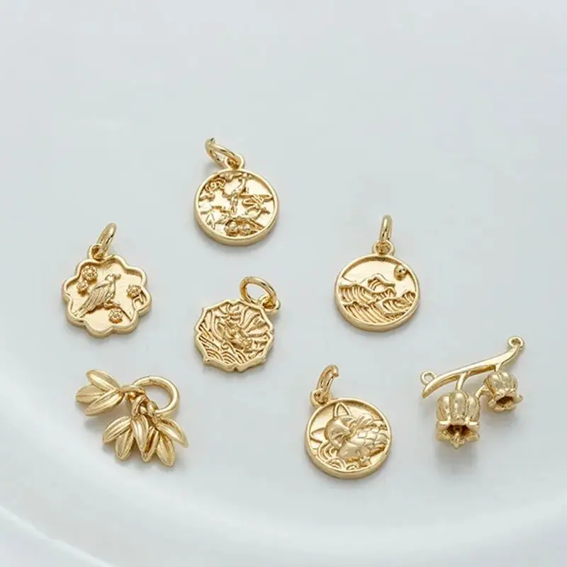 

14K Gold National Style Fairy Deer Lotus Pond Moon Color Sparrow Plum Cat Eating Fish Bell Orchid Bud Pendant Diy Jewelry Pendan