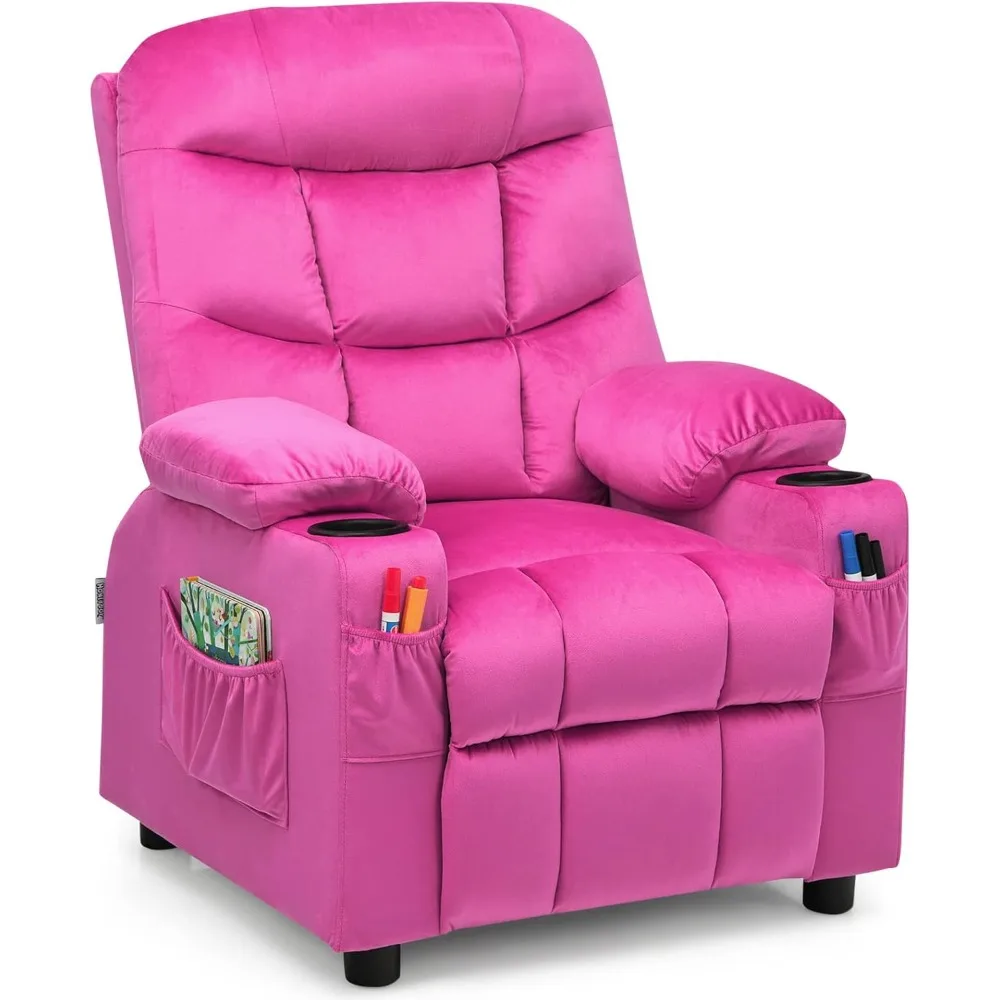 Larger Kids Recliner Chair, Adjustable Lounge Recliner w/ 2 Cup Holders, 1 Side Pocket, 2 Front Pockets, Footrest