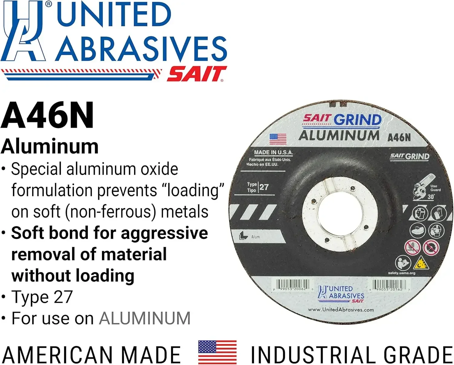 Abrasives-SAIT 20062 A46N Muela abrasiva de aluminio (tipo 27/centro depresido) 4 1/2" x 1/4" x 7/8", paquete de 25