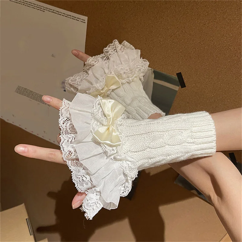 Lolita Lace Bowknot Gloves Y2K Fingerless Gothic Winter Warm Sunscreen Sleeve False Sleeve Gloves Women JK Clothing Accessories