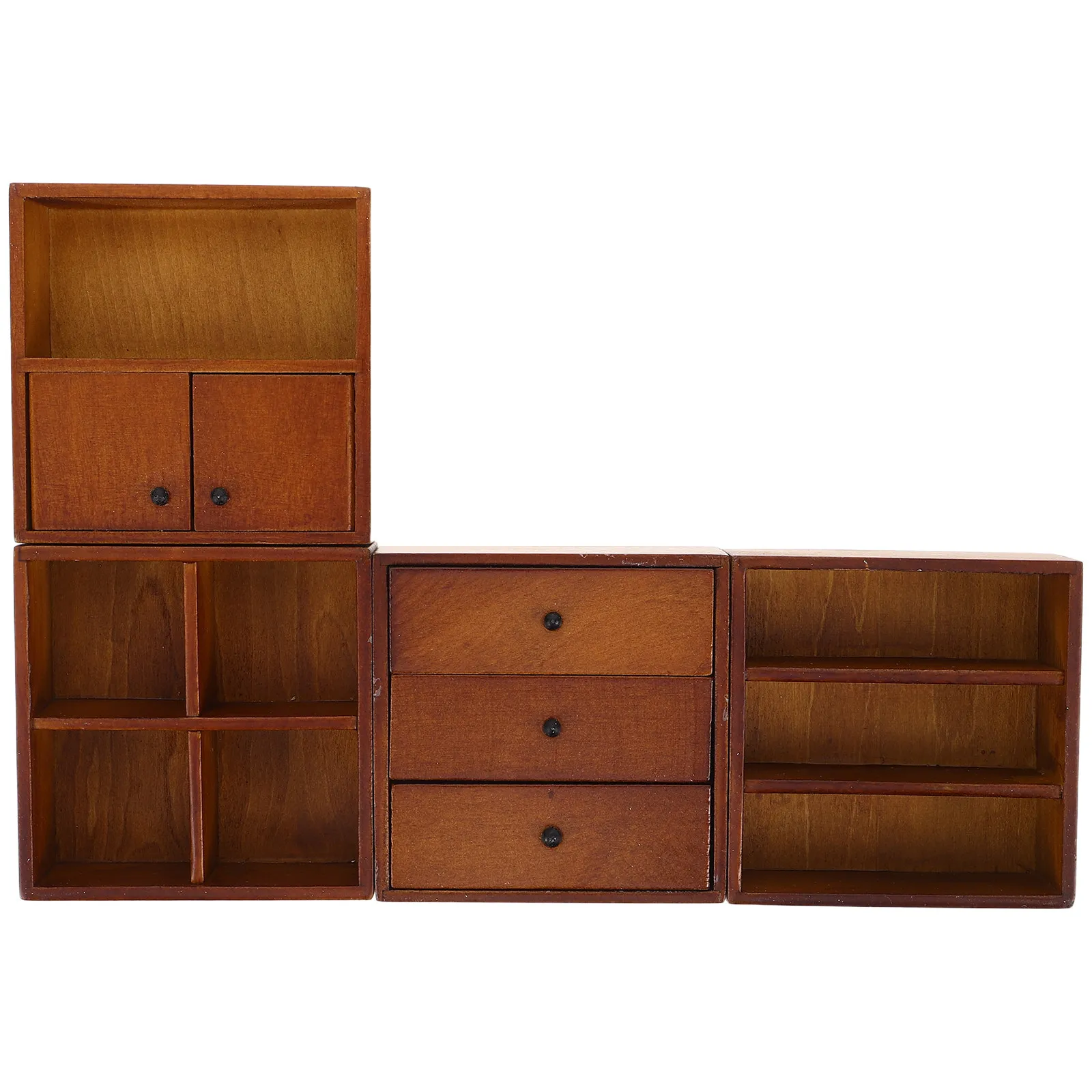 4Pcs Walnut Color Dollhouse Furniture Mini Wooden Storage Cabinets Display Shelf Micro Landscape Decoration Mini Wood Bookcase