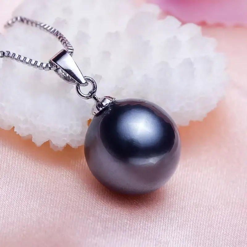 

Charming Huge 12-14mm Natural Sea Genuine White Gold Black Round Pearl Necklace Pendant 5199AAA