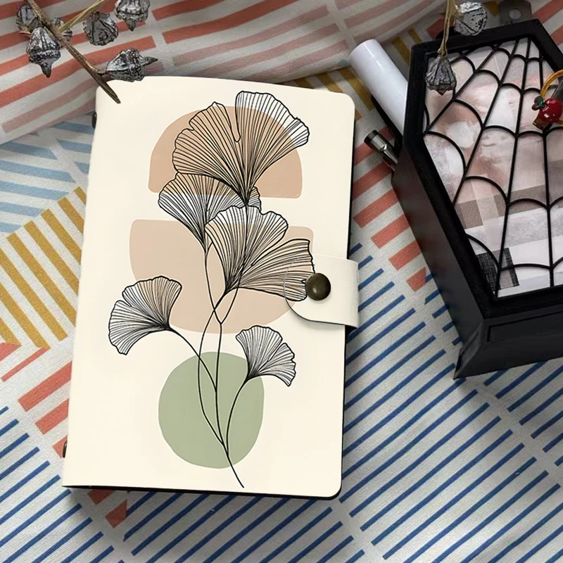 

Stylish Boho Ginkgo Leaf Print PU Leather Notebook, Minimalist Abstract Botanical Design Diary with Button Closure for Men Women