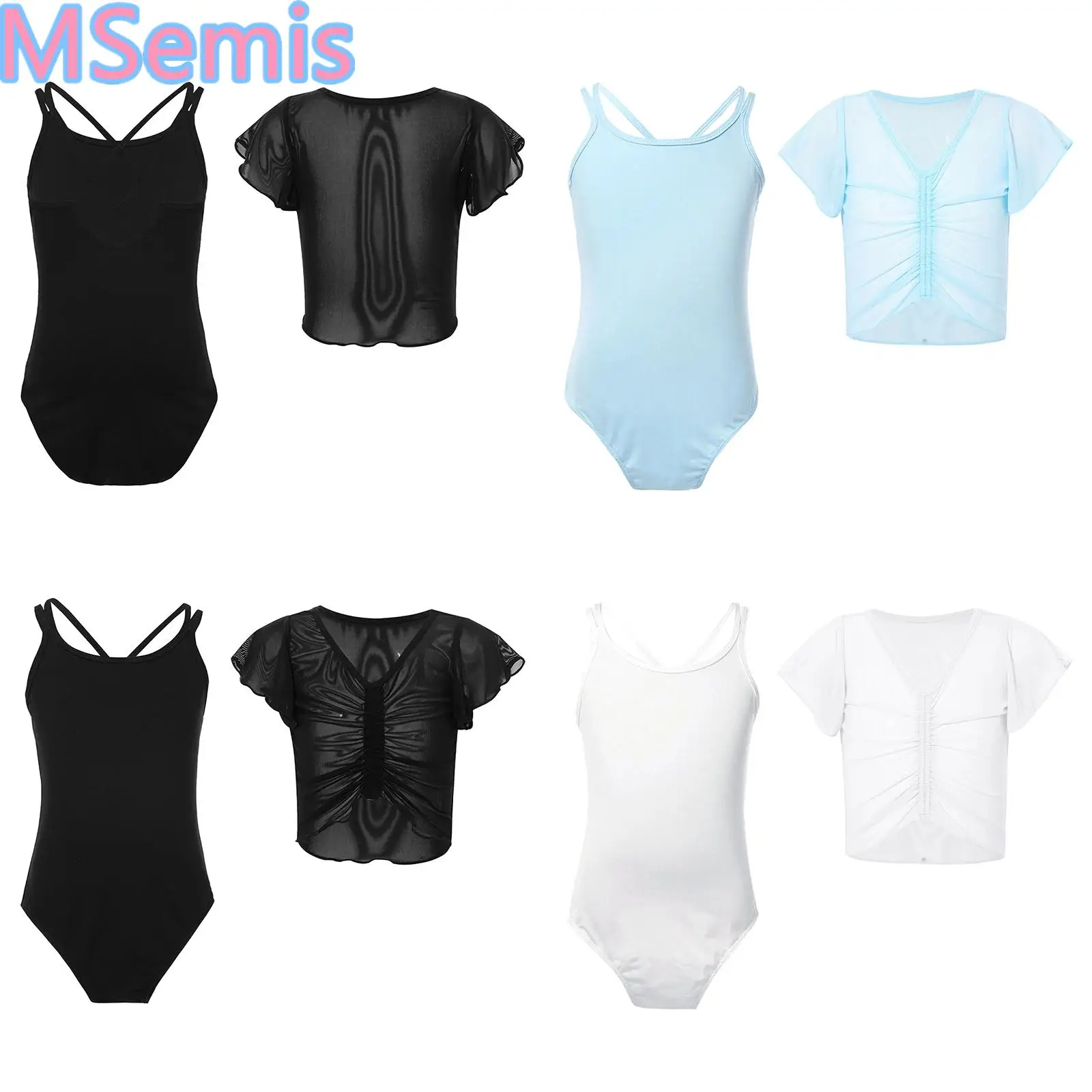 

Kids Girls Ballet Leotard Gymnastics Dance Outfit Spaghetti Strap Crisscross Back Bodysuit with Mesh Crop Top Training Dancewear