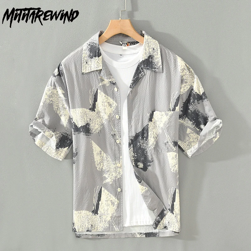 

2024 New Hawaii Shirts for Men Summer Beach Loose Short Sleeve Printed Shirt Causal Square Collar Bubble Shirt with Pocket Youth