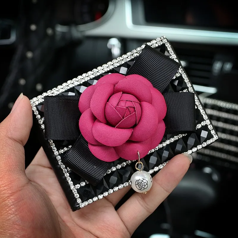 Camellia Flower Car Driver's License Holder Leather Wallet Storage Bags Crystal Rhinestones Auto Key Covers For Women Girls