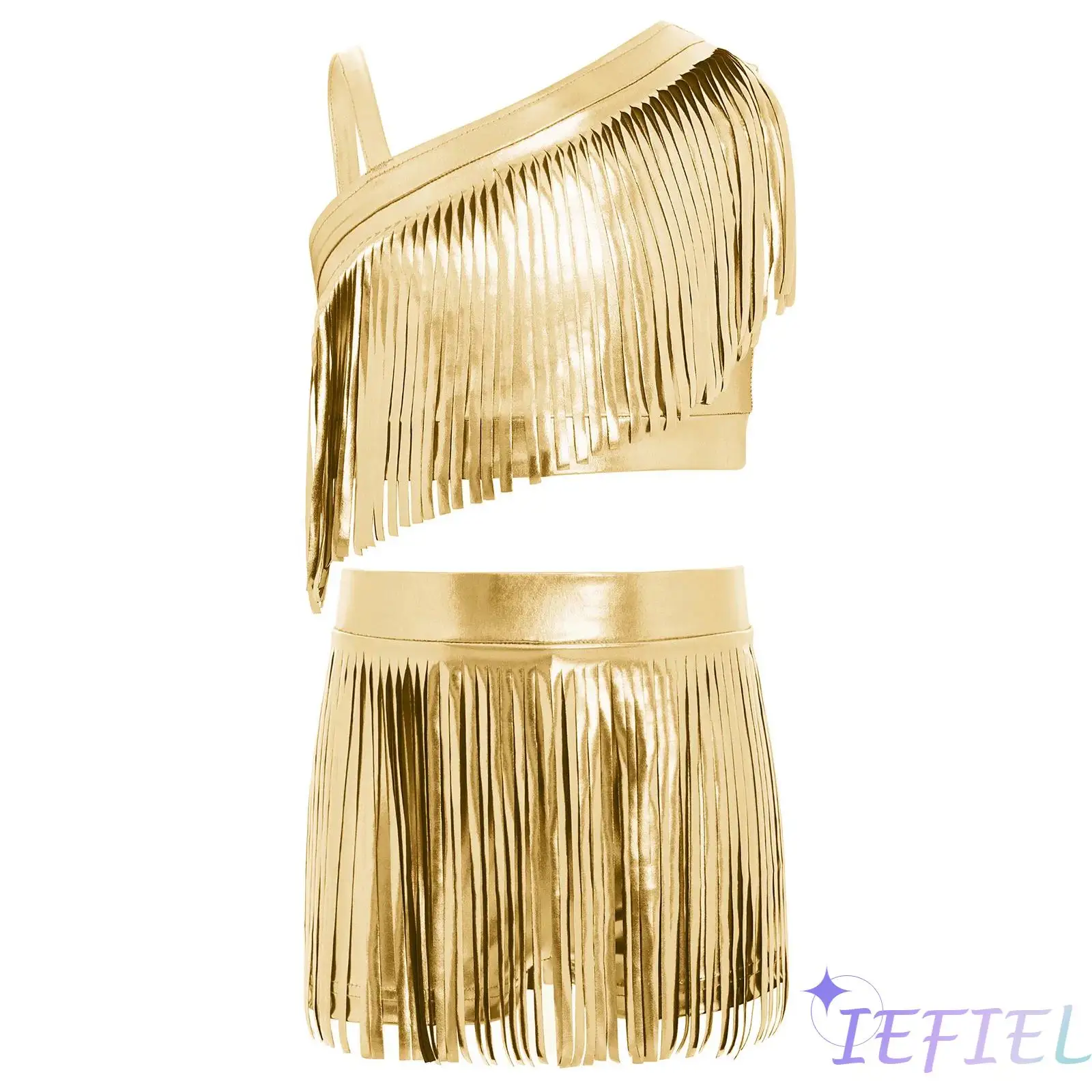 

Metallic Tassel Crop Top Jazz Dance Set for Kids Asymmetrical Shoulder Design Top with Elastic Waistband Shorts Streetwear