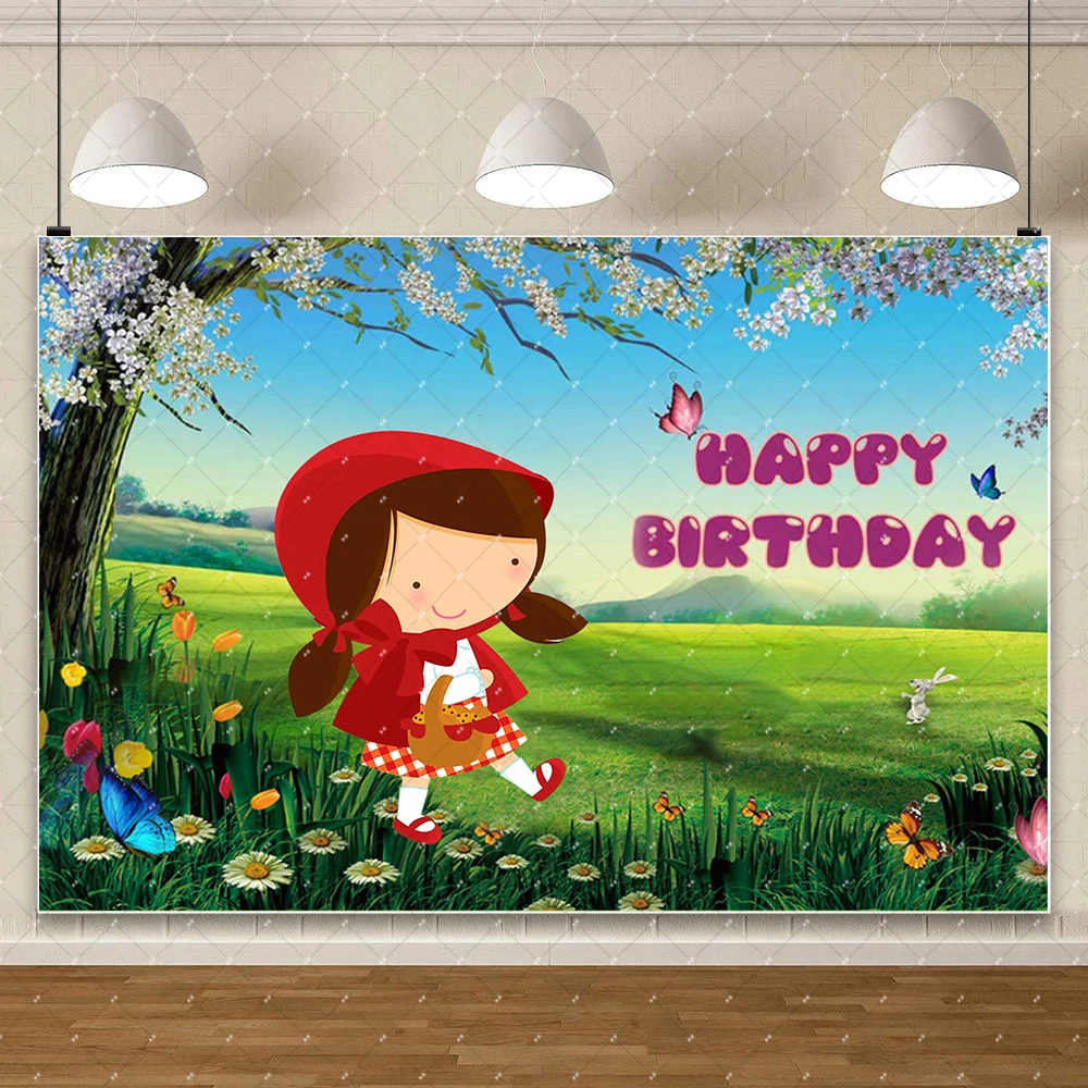 Customized Cartoon Little Red Riding Hood Backdrop Kid 1st Birthday Photography Background Jungle Fairy Tale Banner Photo Studio