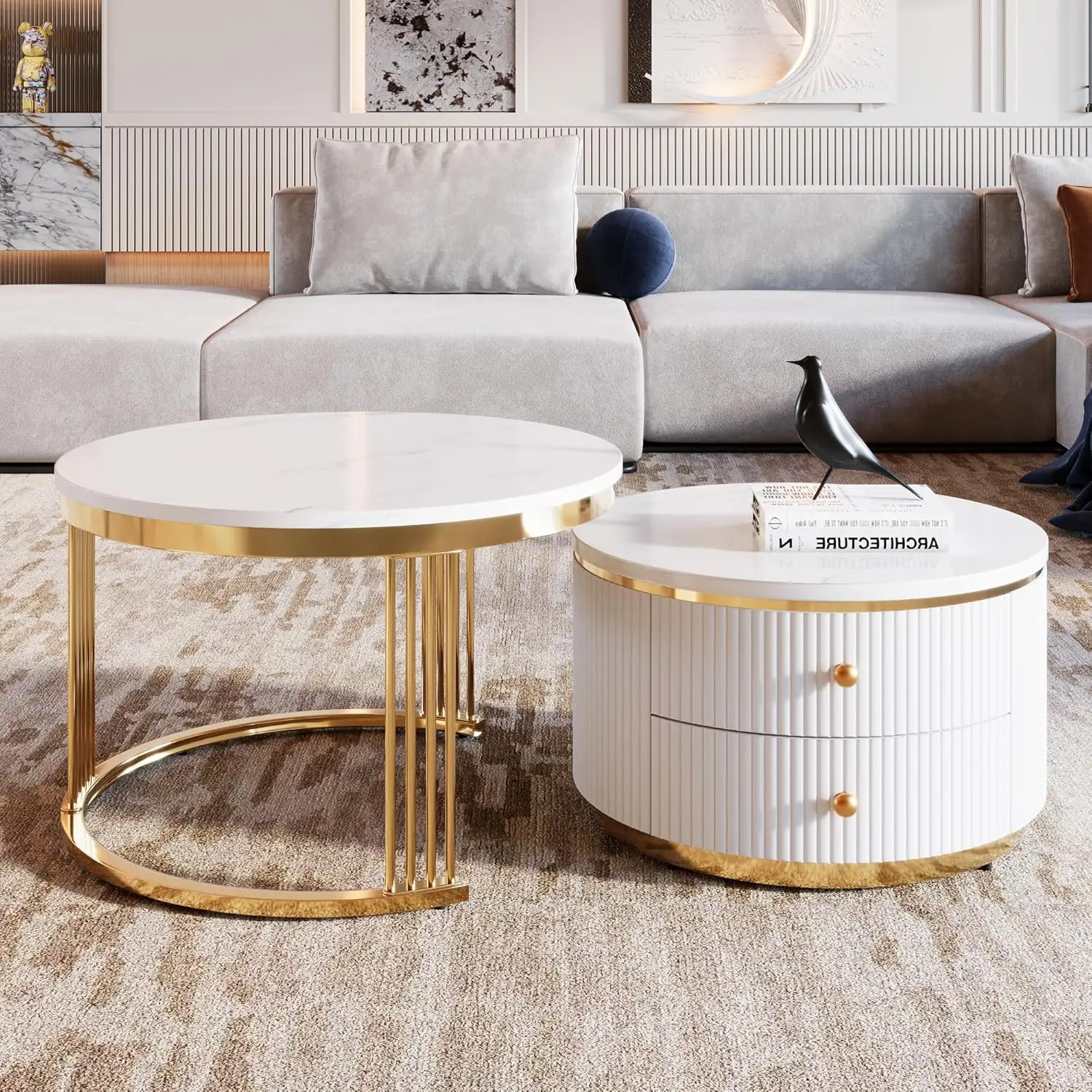 

Modern 2-Piece Round Nesting Coffee Table Set with Storage Drawers, Gold Metal Legs - Space Saving MDF Furniture for Livin