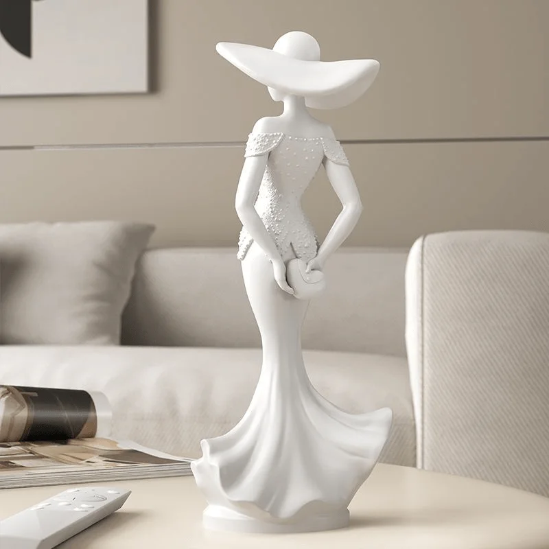 Elegant Hat Lady Resin Statue Abstract Off Shoulder Mermaid Dress Woman Figurine Minimalist White Female Sculpture Desktop