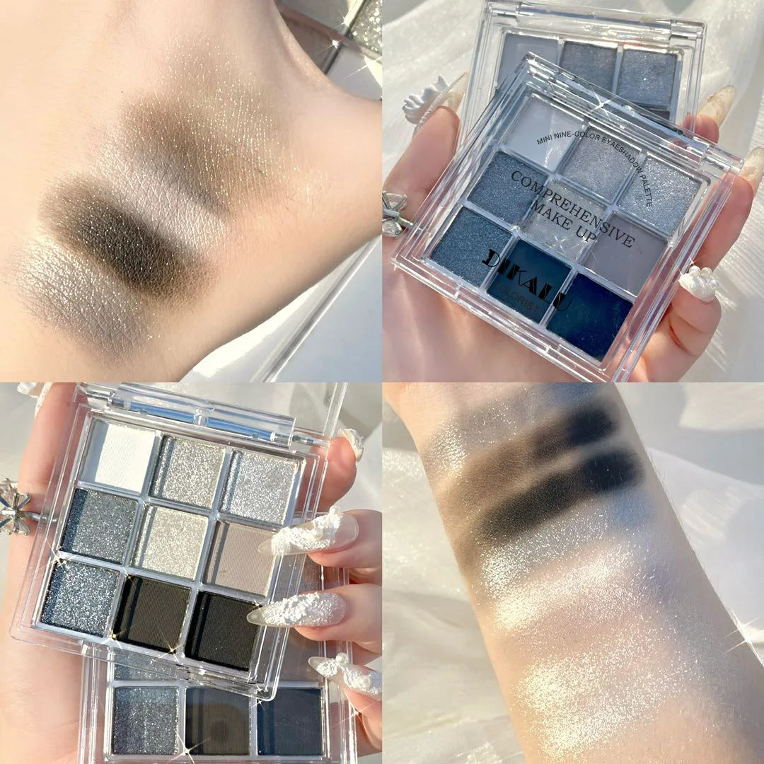 Paleta de sombra de ojos gris ahumado, 9 colores, resistente al agua, larga duración, brillo, sombra de ojos, encanto único, estrella, temperamento, maquillaje coreano