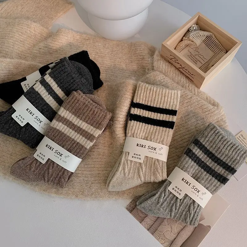 5/10 Paar Damen Herbst-Winter gestreifte mittelhohe Socken, warm, bequem, modisch, College-Stil, dreidimensionale Textur, lässige Socken – Detail 4