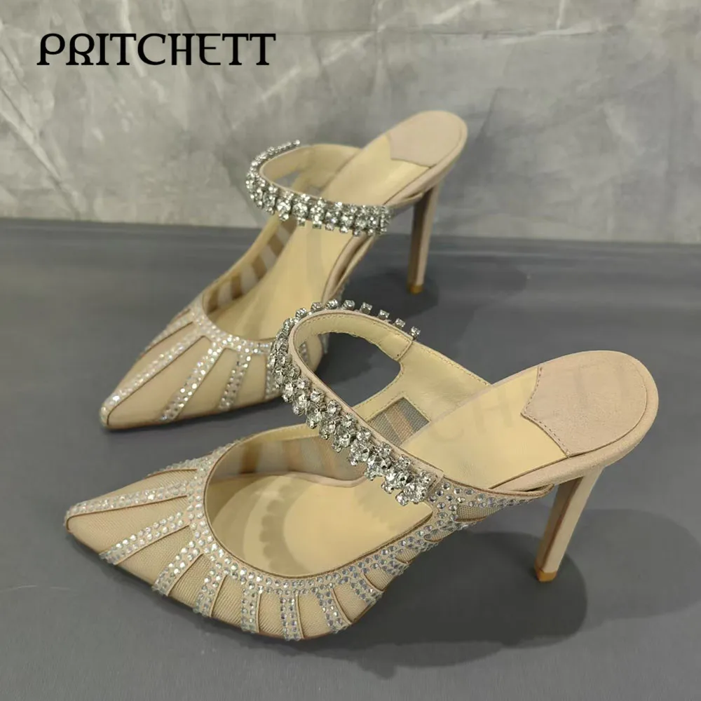 Rhinestone Mesh Pointed Slippers Crystal One-Strap Slip-On Stiletto Sandals Luxury Temperament Large Size Elegant Women's Shoes