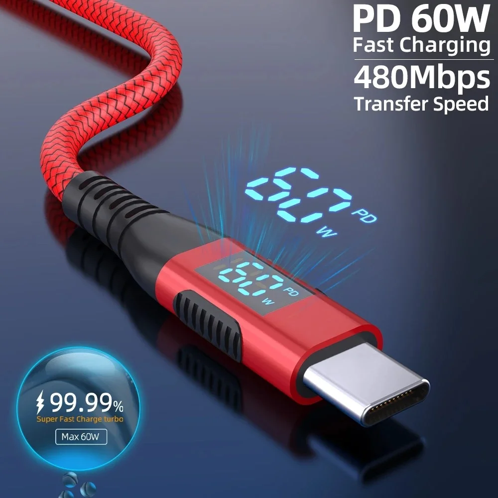 60W USB A to USB C Fast Charging Cable with LED Digital Display, Braided Type C Charger Cord 480Mbps for Laptop Phone Tablet