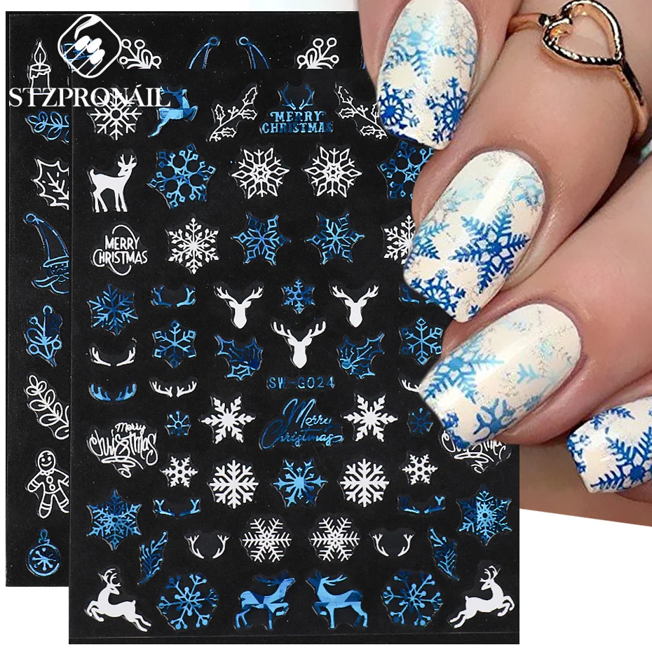 3D Christmas Nail Stickers Holographic Blue White Cookie Man Snowflake Elk Tree Winter New Year Decal Manicure Decoration SLSW-G