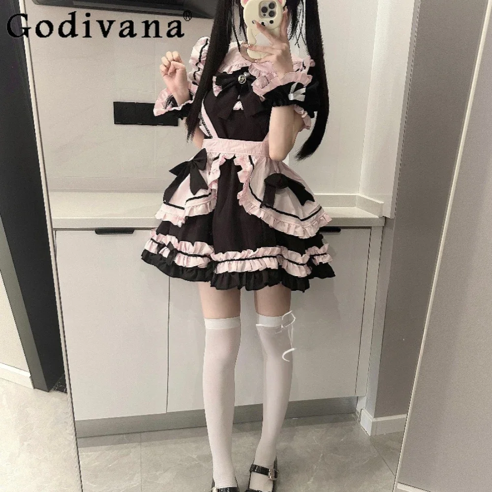 

Japanese Black Pink Maid Dresses Girls Cute Heavy Industry Anime Lolita Dress Streetwear Clothing