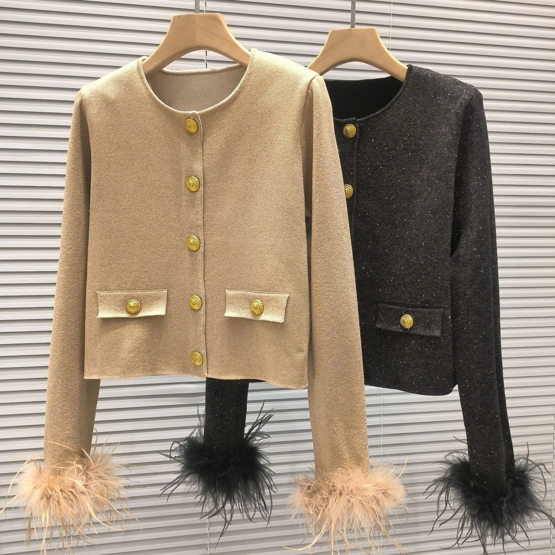 

Luxury Edition Parisian Glitter Tead Feather Splicing Knitted Open Cardigan Top ort Outerwear round Ne Other Material 00%