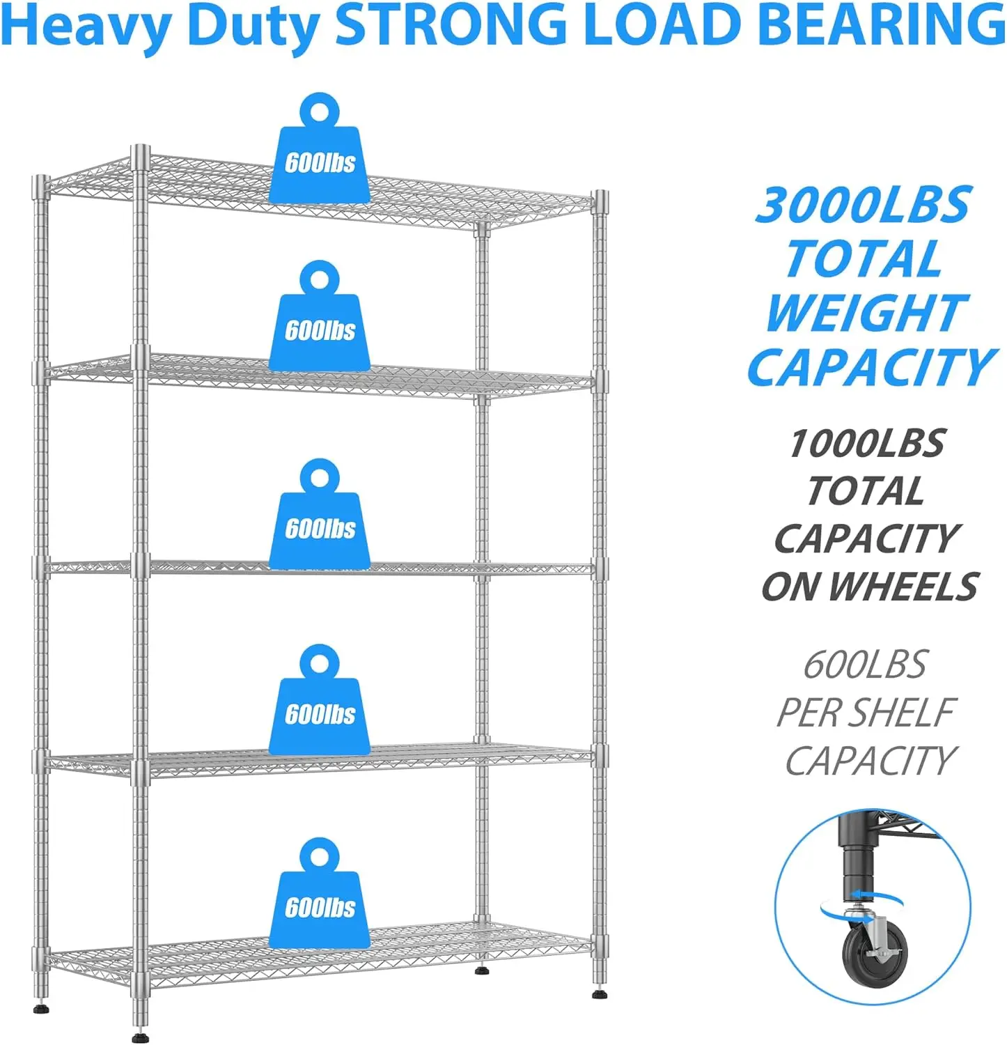 Heavy Duty Metal Shelves for Storage, 3000LBS Commercial Adjustable Wire Shelving Unit on Wheels for Garage, Pantry, Kitchen