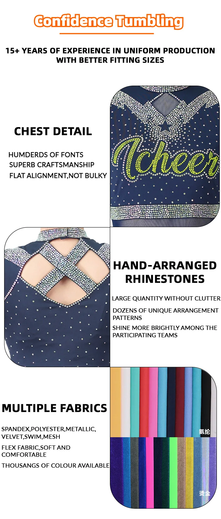 Dziecięce, młodzieżowe, zielono-czarno-niebiesko-błękitne, turkusowe stroje do cheerleadingu All-Star na zawody, z długim rękawem, zestaw.