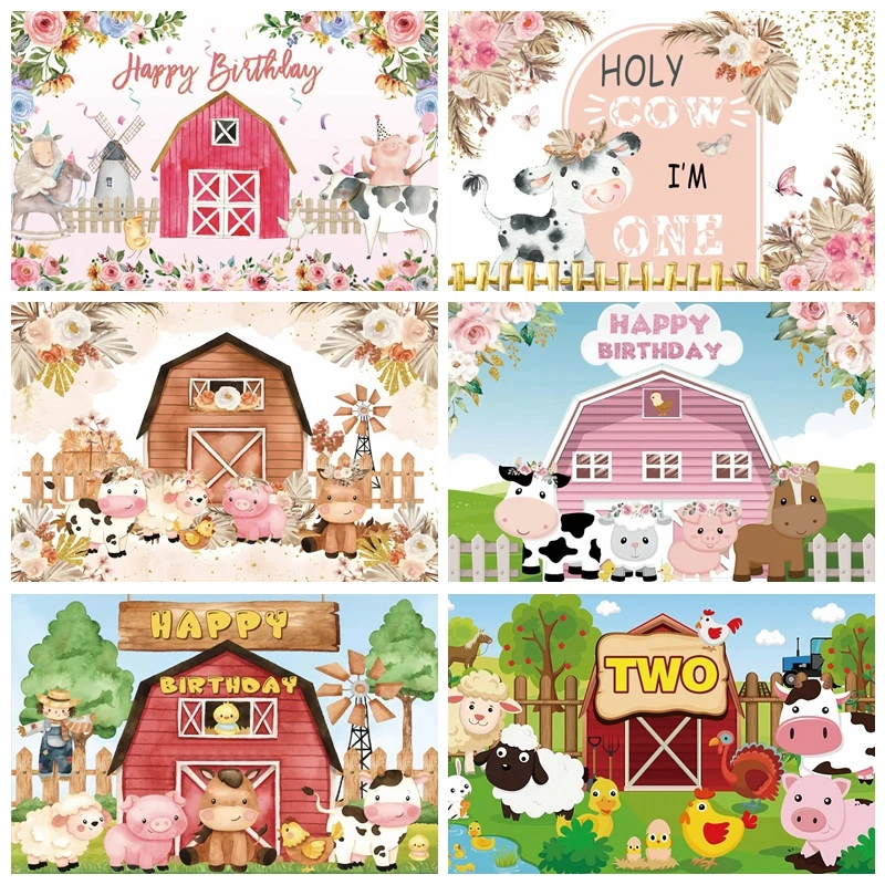 

Cartoon Farm Baby 1st Birthday Backdrop Cow Animals Newborn Baby Shower Party Background Photography Photo Studio Photocall Prop