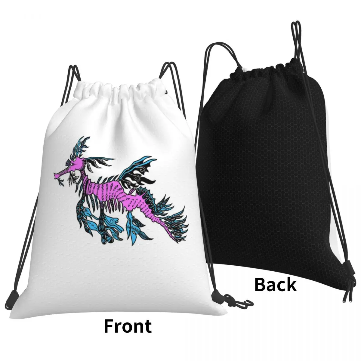 Pink And Aqua Tribal Leafy Seadragon Backpacks Portable Drawstring Bags Sports Bag Book Bags for Travel Students