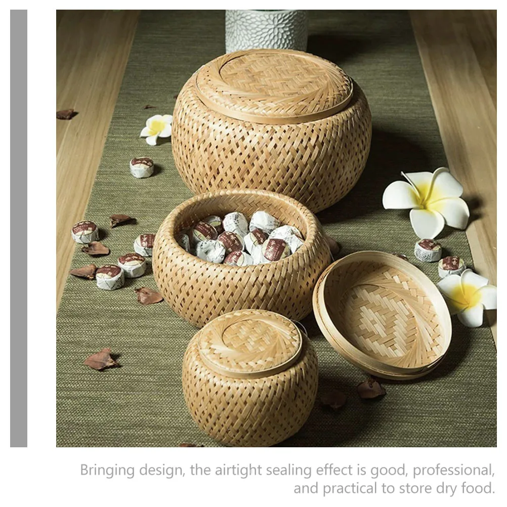 

Bamboo Woven Design Airtight Storage Canister For Loose Coffee Powder Kitchen Tea Organizers Round Spice Jar