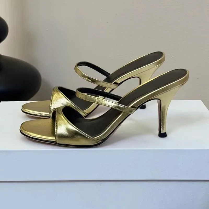 2025 Summer Snake Patterned Genuine Leather High-Heeled Slippers Women's Versatile Simple Open Toe Sandals Party Dress Shoes
