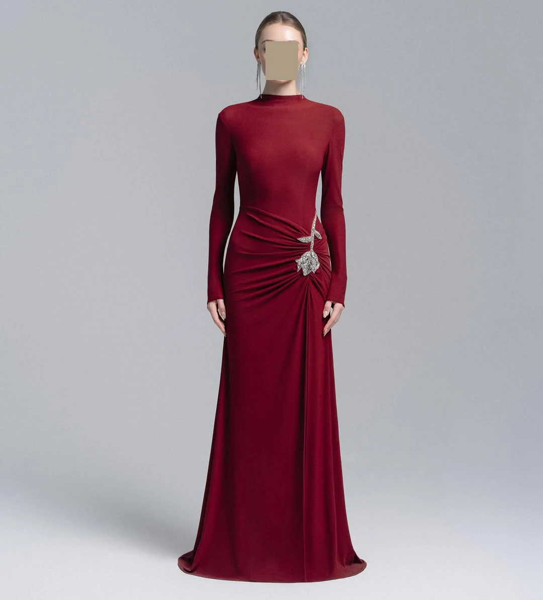 

Customized Elegant Luxurious Evening Dresses A-line High Neck Satin Women Prom Floor Length Rhinestone Beads Zipper Long Sleeves