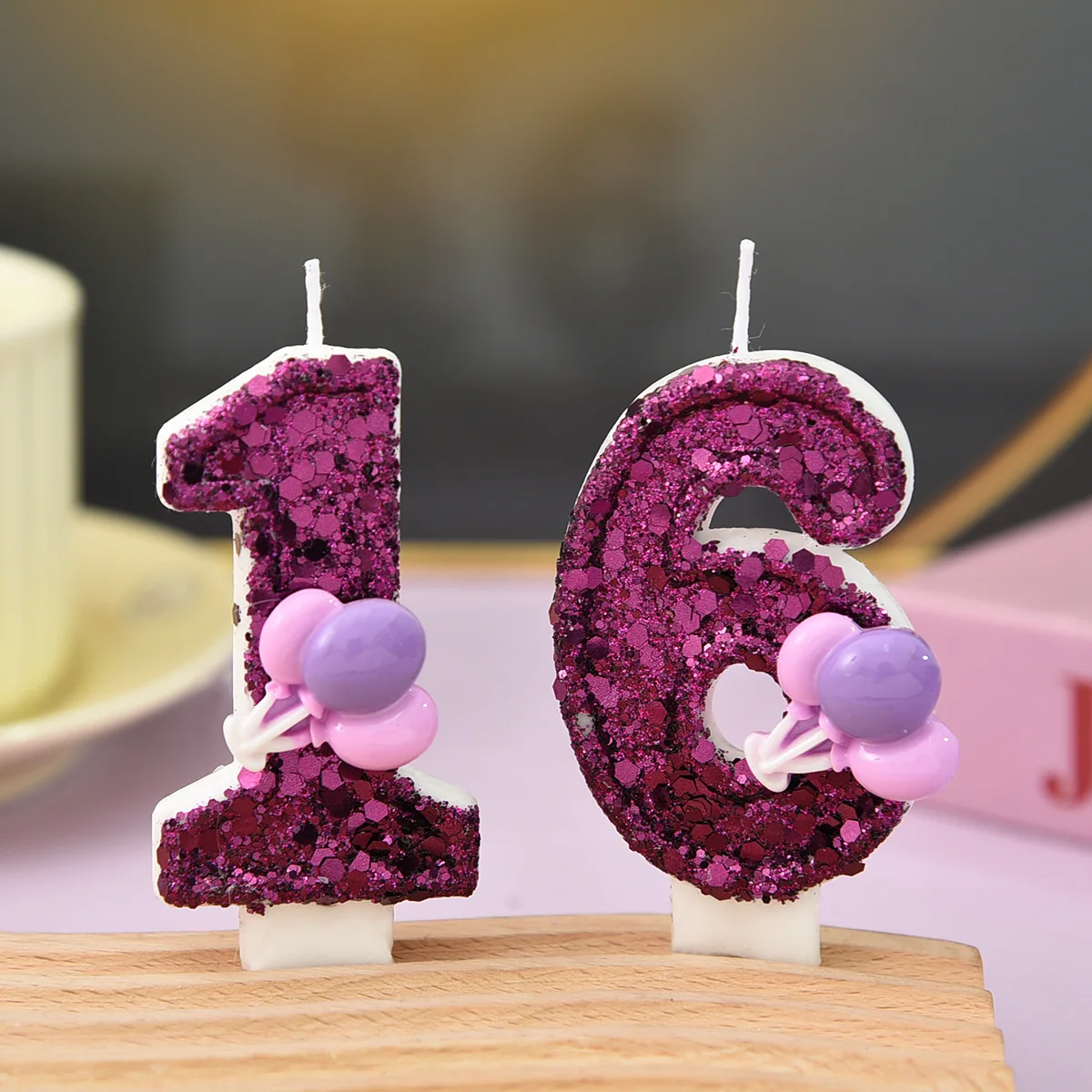 Pink Balloons Digital Candles, Deep Purple Sequins Dessert Cakes Birthday Candles, Festive Party Atmosphere Decorations