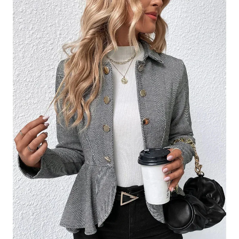 Autumn 2023 Women\'s Fashion Commuter Polo Collar Jacquard Ruffle Edge Slim Fit Double Breasted Temperament Office Suit Coat