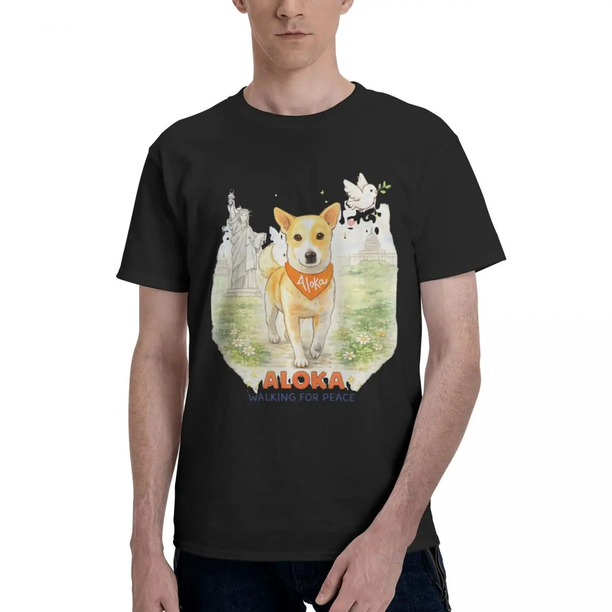 Men Aloka Walk For Peace Monks With Aloka Dog Retro T Shirt Streetwear Cotton Crewneck T Shirts