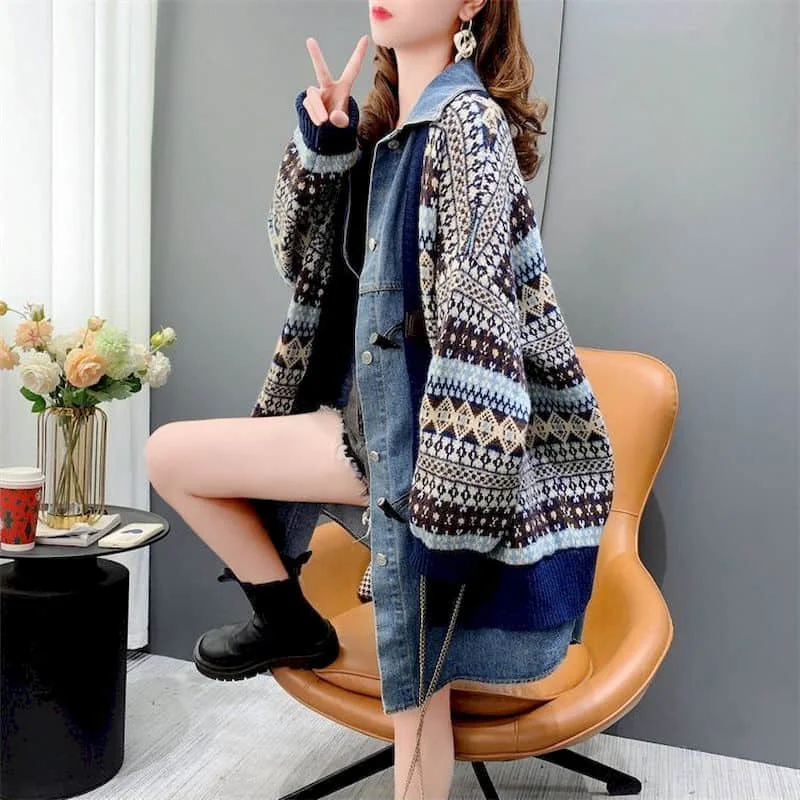 Maglioni cardigan lavorati a maglia per le donne cappotti larghi Casual Vintage oversize in Denim Patchwork top da donna a maniche lunghe in stile coreano